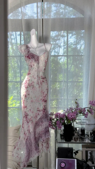 Flowy Purple Print Floral Mermaid Spaghetti Strap Chiffon Prom Dress Evening Dress Formal Dress HZ1023